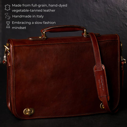 Time Resistance Leather Briefcase for Men - Italian Full Grain Leather Laptop Bag - Messenger Bag - Gift Box Included