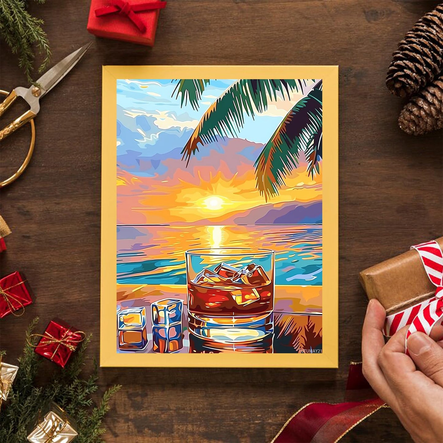TUTUMAY21 Diamond Painting Kits Whiskey on The Beach Table Diamond Art Kits for Adults Wine Painting Crafts Home Wall Decor DIY 5D Gem Art Perfect for Relaxation12x16 inch