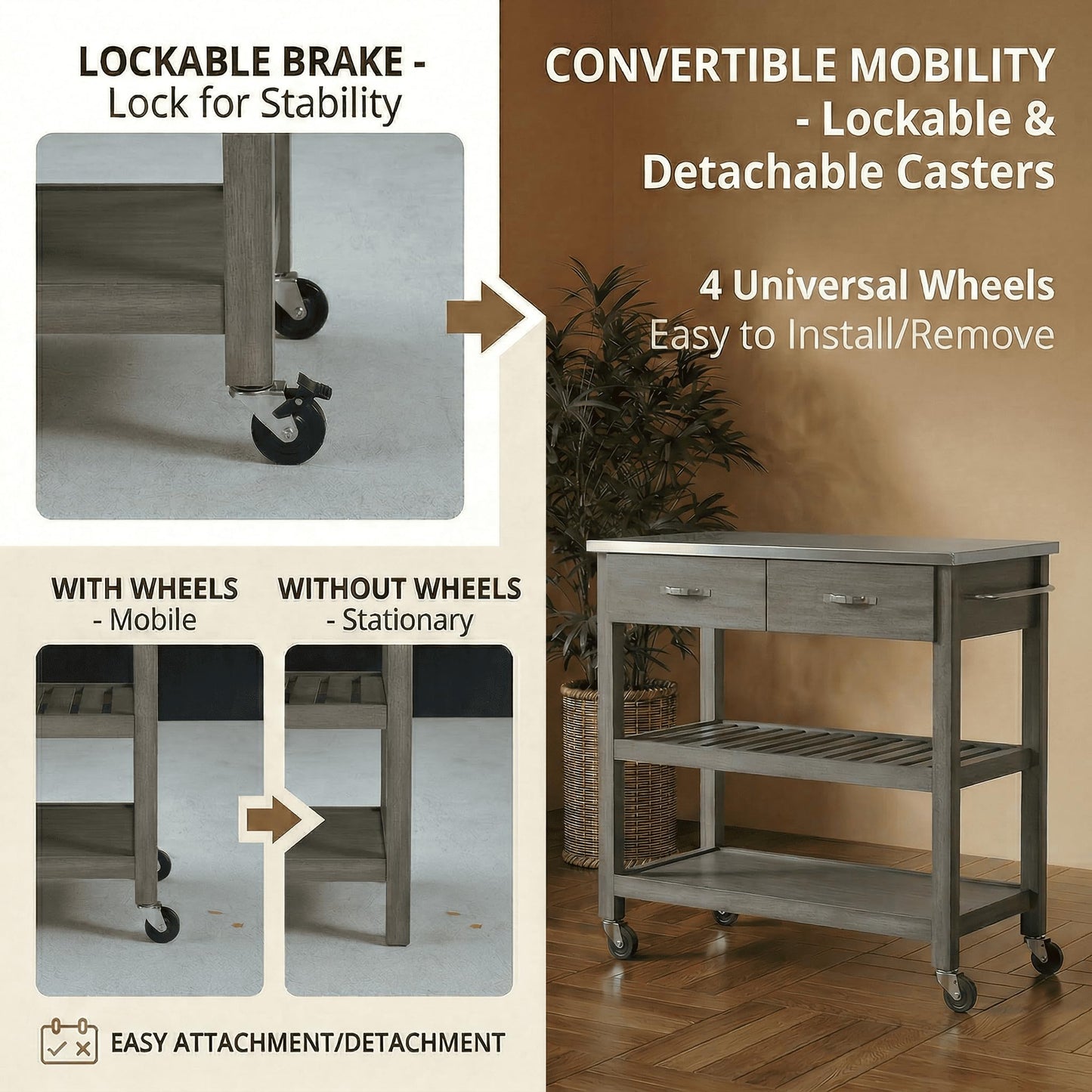Casaphoria Amanda Collection Solid Wood Kitchen Island, 42" Butcher Block Cart with Stainless Steel Top & Locable Wheels, Prep Table for Small Spaces (Weathered Gray)