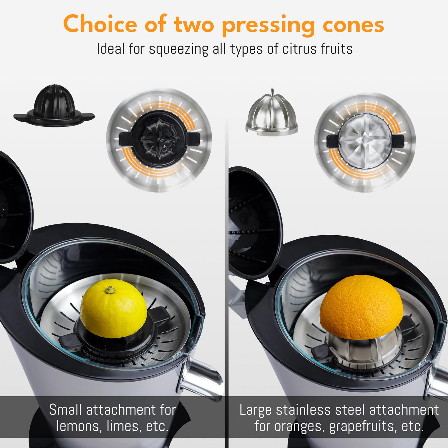 LEBENLANG Stainless Steel Electric Orange Juicer 600W I Incl. Stainless Steel Cone & BPA-Free | Electric Juicer Citrus Press Fruit Press I High Juice Yield for Oranges & Lemons