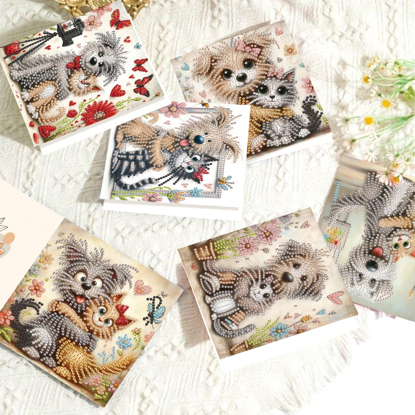 6 Pcs 5D Diamond Painting Greeting Cards Kits, Handmade Festival Greeting Cards with Envelopes DIY Diamond Art Crafts Birthday Cards Laser Effect for Birthdays Holidays Celebrations (Cat Dog Cuddling)