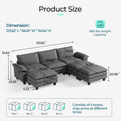 LINSY HOME Modular Sectional Sofa - 123 Inch Oversized Corduroy Cloud Couch with Movable Ottoman Soft Modern Comfy Sofa Set for Living Room Apartment Office, Grey