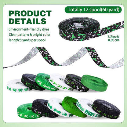 Hahafelt 12 Rolls 60 Yards Mental Health Awareness Ribbon Green Bow Making Ribbon DIY Craft Decorative Ribbons for Gift Wrapping Activities Home Decor 3/8 Inches