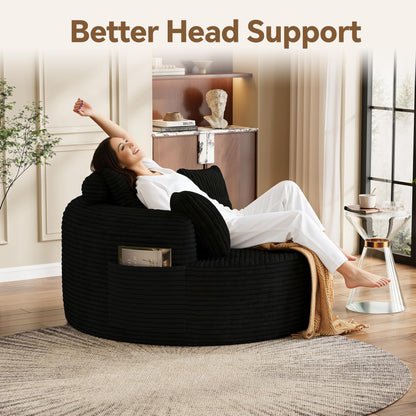FAVSH 55" Oversized Round Chaise Lounge Chair Indoor, Upholstered Plush Deep Seat Circle Single Cloud Lounge Floor Sofa Chair with 4 Pillows with Side Pocket, Living Room, Bedroom Apartment, Black