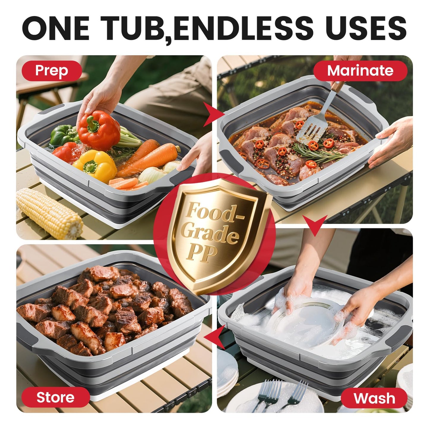 BBQ Prep Tub 3-IN-1 Large 16L Collapsible Cutting Board with Locking Lid for Meal Prep Marinating Food, Camping Sink with Colander, Dish Basin, Storage Blanket for Camping Picnic BBQ, Black