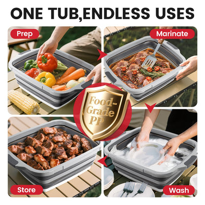 BBQ Prep Tub 3-IN-1 Large 16L Collapsible Cutting Board with Locking Lid for Meal Prep Marinating Food, Camping Sink with Colander, Dish Basin, Storage Blanket for Camping Picnic BBQ, Black