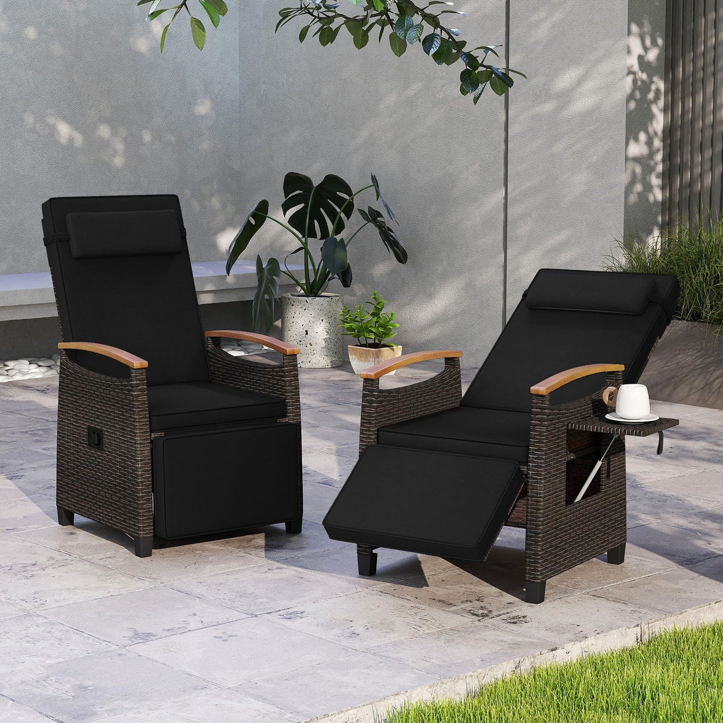 RELAX4LIFE Rattan Outdoor Recliner Chair - Wicker Chaise Lounge Chair w/Adjustable Back & Footrest, Acacia Wood Armrests, Flip Side Table, Cushion, Reclining Patio Chair for Pool Yard (2, Black)