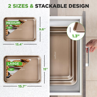 NutriChef 2-Piece Nonstick Stackable Cookie Sheet Set – Non-Toxic Carbon Steel Baking Pans – Heavy Duty, Warp-Resistant, Easy to Clean, Oven & Dishwasher Safe Bakeware