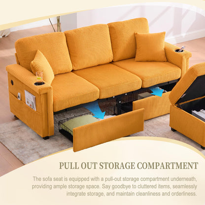 KEIKI 76" L-Shaped Modular Corduroy Sectional Sofa with Pull-Out Bed & 1 Movable Storage Ottoman & 2 Cup Holder & USB, Convertible 4-Seater Sleeper Couch Bed, Easy Assembly, for Living Room, Yellow