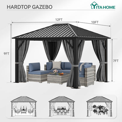 YITAHOME 10X12FT Single Hardtop Metal Gazebo Top Outdoor Patio Canopy Galvanized Iron Aluminum Column Garden Tent Curtains Netting for Backyards Decks Lawns,Gray