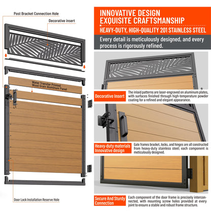 Uphode 4x5FT(46.8" x 59") 201 Stainless Steel Fence Gate Kit Heavy Duty, Anti Sag Metal Fence Gate Frame Kit with Aluminum Board, Morden Garden Gate Hardware Kit Outdoor (Left/Right Free-Installation)