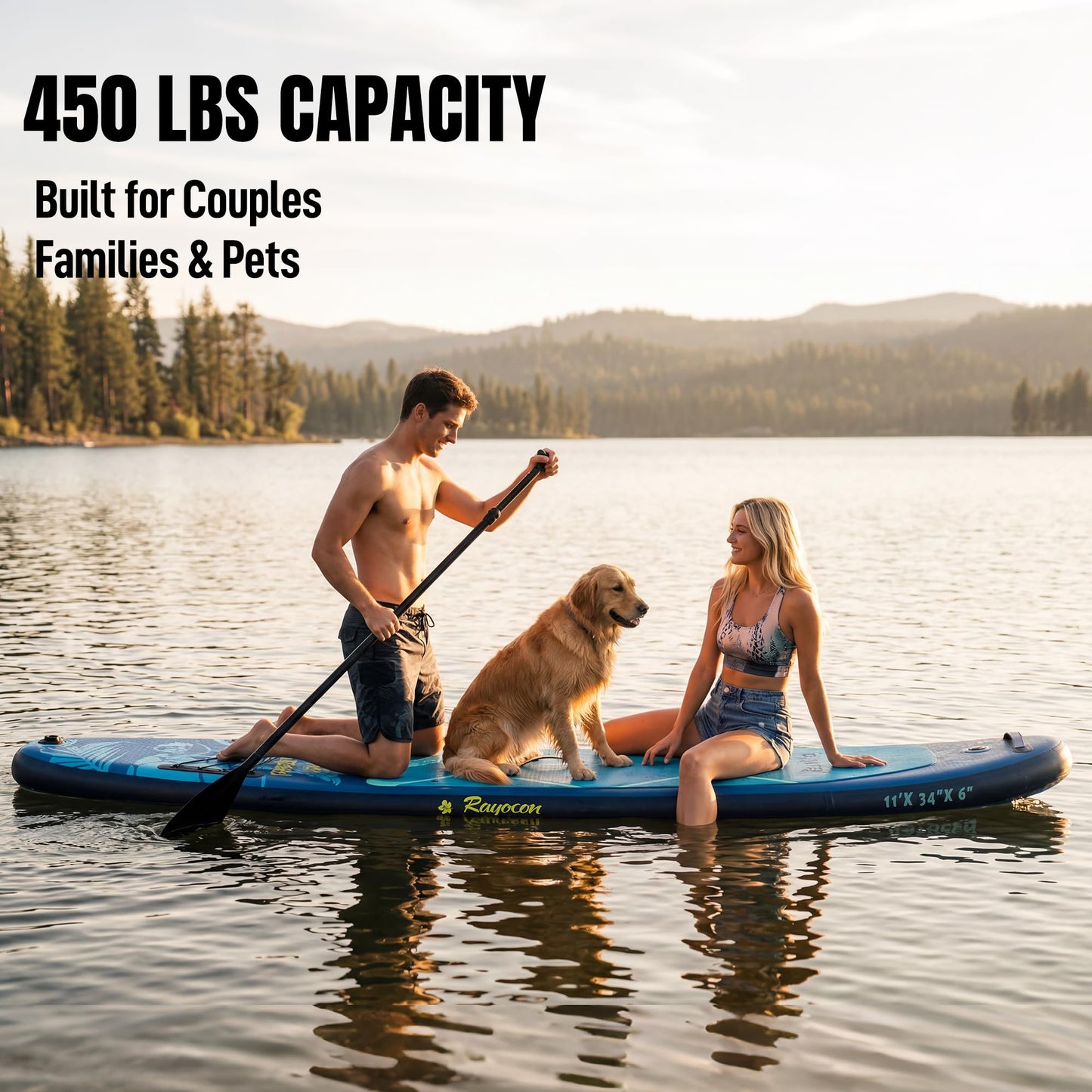Inflatable Stand Up Paddle Board 11'×34" Extra Wide SUP, Ultra-Stable for Adults & Dog, 450lbs, Dual Chamber Pump, Fiberglass Paddle, Military Grade Dual Layer, Sea Turtle Guardian Design Deep Blue