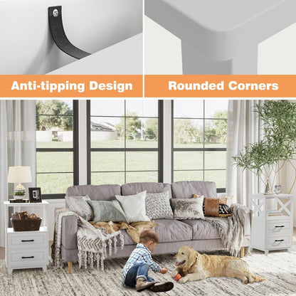 May in Color White Nightstand Set of 2, Tall Side Table, Farmhouse End Table with 2 Large Storage Drawers Cabinet, Wooden Rustic Bedside End Table for Bedroom, Home Office, White