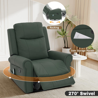 Merax 270°Swivel Rocker Recliner Chair, PU Leather Manual Recliner with Massage and Heating, Dual Reclining Positions and Side Pocket and for Living Room, Bedroom, or Nursery, Green