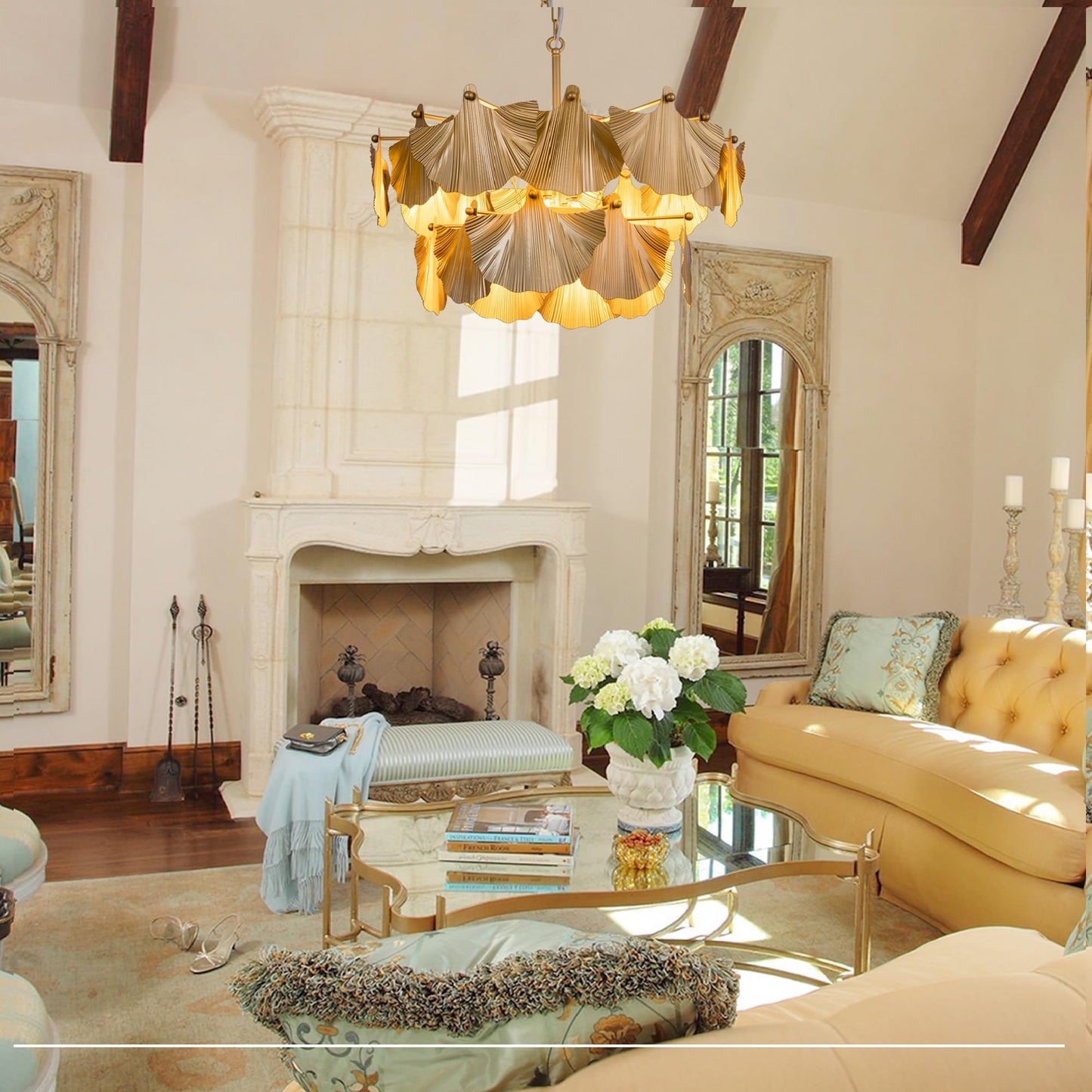 TOCHIC Gold Vintage Chandelier, 8 Lights Rustic Chandeliers for Dining Room, Modern Farmhouse Chandelier with Ginkgo Leaves, Ceiling Light Fixture for Living Room Bedroom Entryway W-25.98"