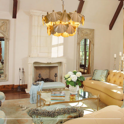 TOCHIC Gold Vintage Chandelier, 8 Lights Rustic Chandeliers for Dining Room, Modern Farmhouse Chandelier with Ginkgo Leaves, Ceiling Light Fixture for Living Room Bedroom Entryway W-25.98"