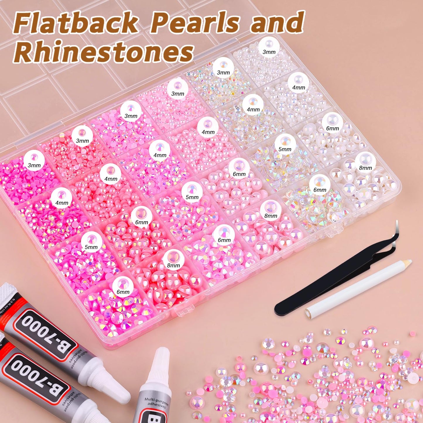 14000PCS Flatback Pearls and Pink Rhinestones for Bedazzling Kit, Pink White 3-10mm Resin Rhinestones Gems and Half Pearls for Crafting, Nail Art and Grad Cap Decor with B7000 Jewelry Glue