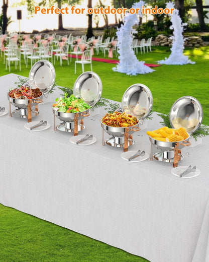 GarveeHome Chafing Dish for Buffet 2 Pack, 5 QT Round Chafing Dishes Buffet Set w/Lid Holder, Stainless Steel Chafers and Food Warmers with Spoon and Tweezers for Parties, Weddings, Events, Rose Gold