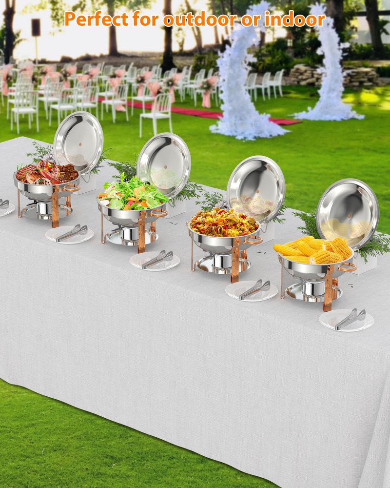 Chafing Dish for Buffet 2 Pack, 5 QT Round Chafing Dishes Buffet Set w/Lid Holder, Stainless Steel Chafers and Food Warmers with Spoon and Tweezers for Parties, Weddings, Events, Banquet, Rose Gold