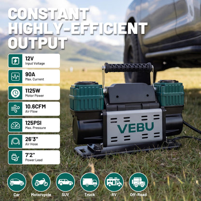 VEBU Heavy Duty Air Compressor 12V Tire Inflator, Dual Cylinder 125PSI with In-line Pressure Gauge, 10.6CFM Fast Inflation for Off-road Vehicles, Trucks, SUVs, RVs, ATVs, DC Power, Corded Electric