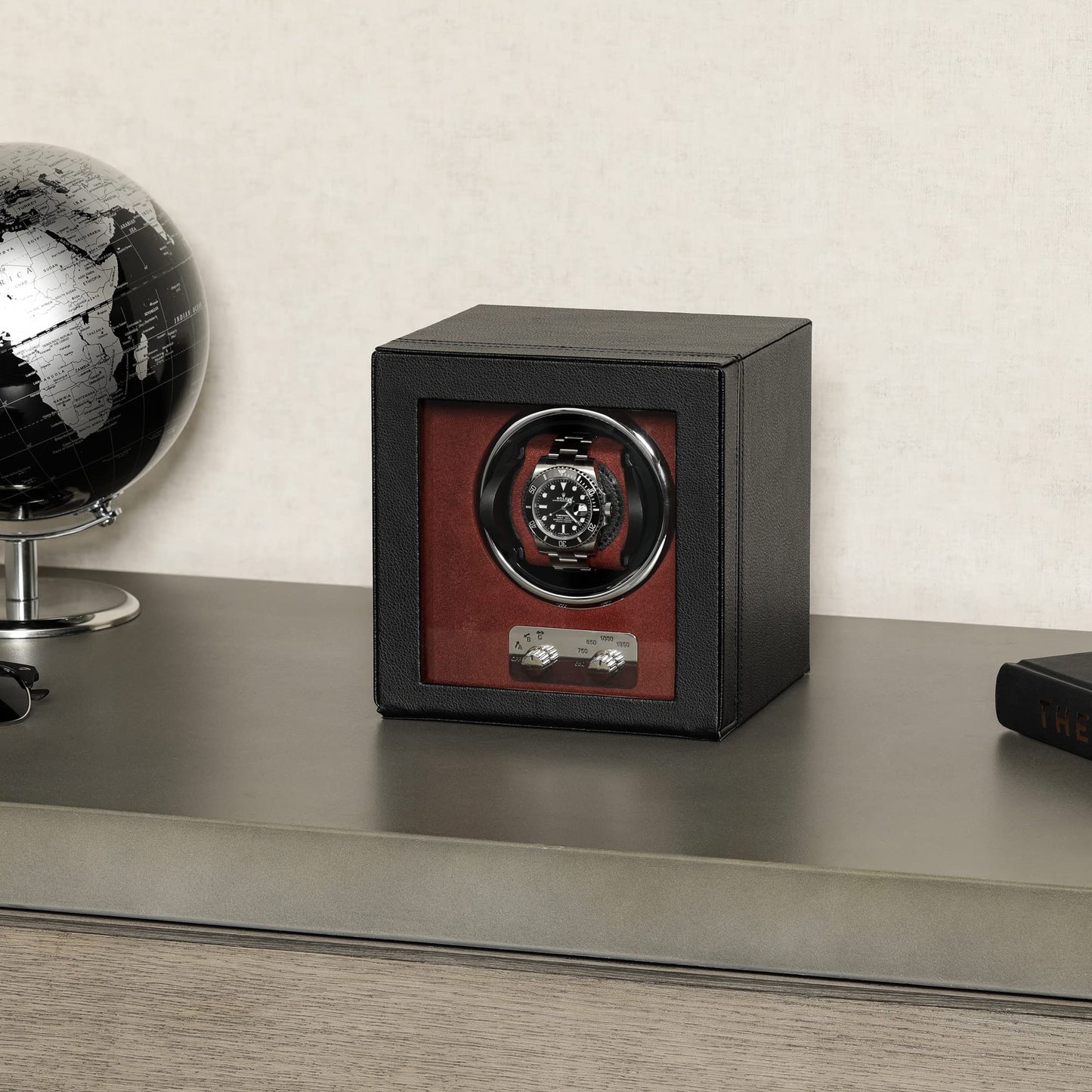 Gift Set 12 Slot Leather Watch Box with Valet Drawer & Matching Single Watch Winder - Luxury Case Display Organizer, Locking Mens Jewelry Watches Holder, Men's Storage Boxes Glass Top Black/Red