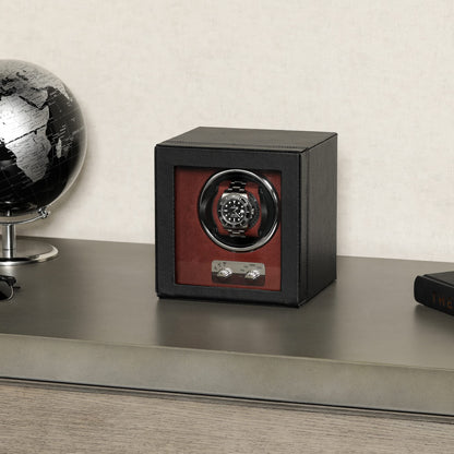 Gift Set 12 Slot Leather Watch Box with Valet Drawer & Matching Single Watch Winder - Luxury Case Display Organizer, Locking Mens Jewelry Watches Holder, Men's Storage Boxes Glass Top Black/Red