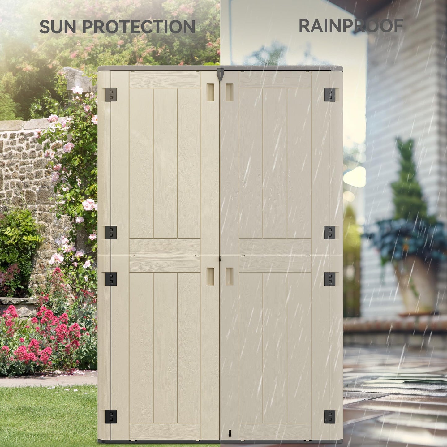 YITAHOME 60 cuft Vertical Outdoor Storage Shed w/o Shelf, Large Waterproof Storage Cabinet for Garden Shed, Tall Outdoor Storage Shed for Garage, Pool Storage, Resin, Lockable, Khaki & Brown