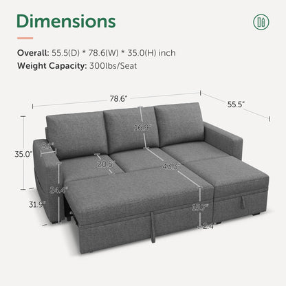 HONBAY Modular Sectional Sleeper Sofa with Pull Out Bed, L Shaped Couch with Storage Seat, Modular Sectional Couches for Living Room - Dark Grey