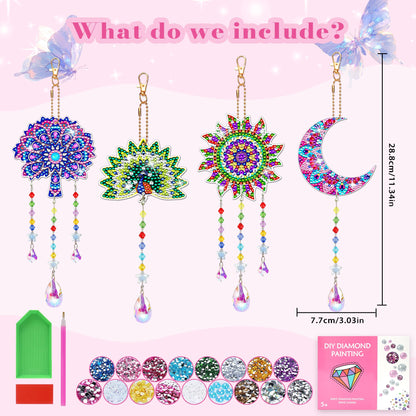 4pcs Diamond Art Kits for Kids/Adults, Arts and Crafts for Kids Ages 8-12, Birthday Gifts for 6 7 8 9 10 11 Year Old Girl, Paint by Numbers Kit for Kids Wind Chimes Gem Art Crystal Window Sun Catcher