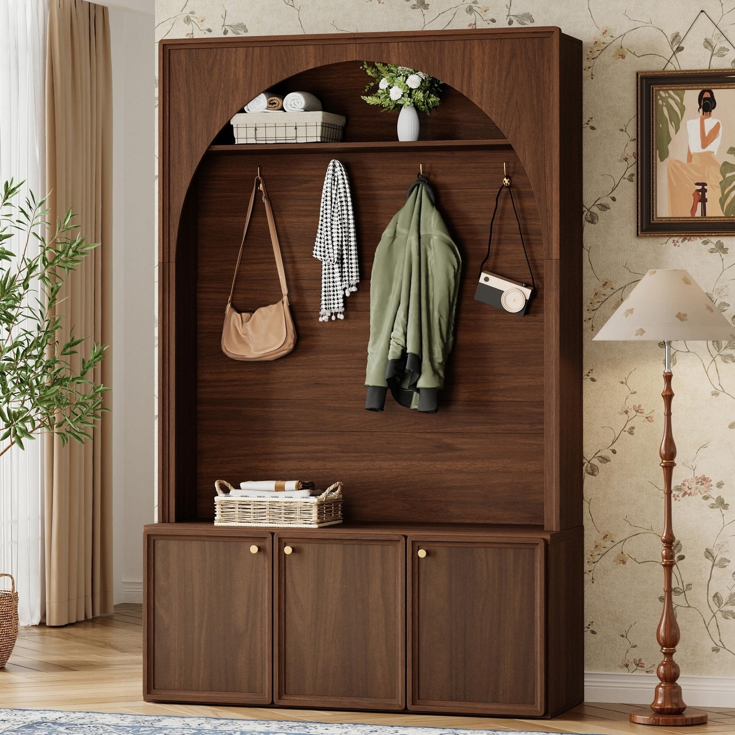 roomfitters Modern Arched Entryway Hall Tree with 3 Storage Cabinets, Upper Shelf and Coat Hooks for Mudroom, Walnut