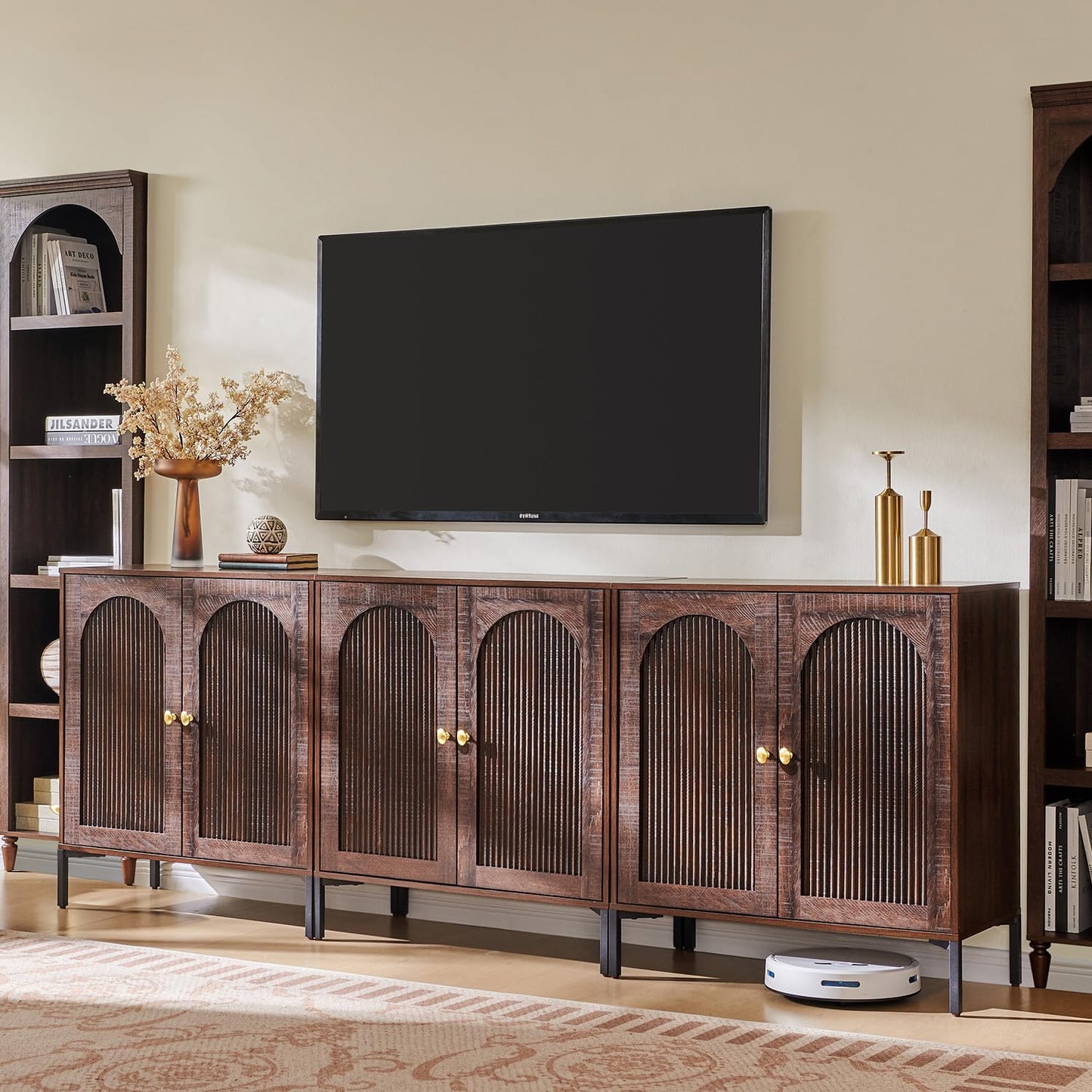IFGET Modern Buffet Cabinet with Storage, 92.63" W Fluted Arched Sideboard Cabinet w/Adjustable Shelves, Wooden Modular Coffee Bar for Dining Room, Kitchen, Living Room, Entryway, Brown