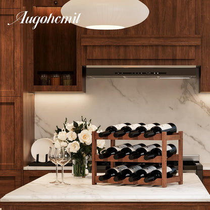 AUGOHCMIL Wine Rack，Bamboo Wine Storage Cabinet Shelf，Countertop Wine Shelf- Freestanding Wine Holder for Kitchen & Pantry (Brown, 3-Tier)