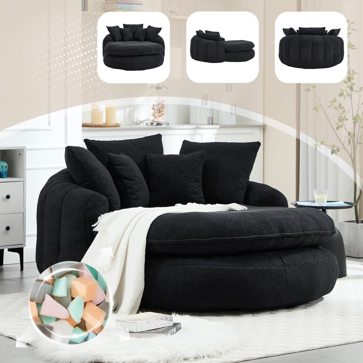 Oversized Oval Bean Bag Sofa, Chenille Fabric Floor Lounger with 5 Pillows and Wrap-Around Backrest for Adults, Large Lazy Sofa for Living Room and Game Room, Black
