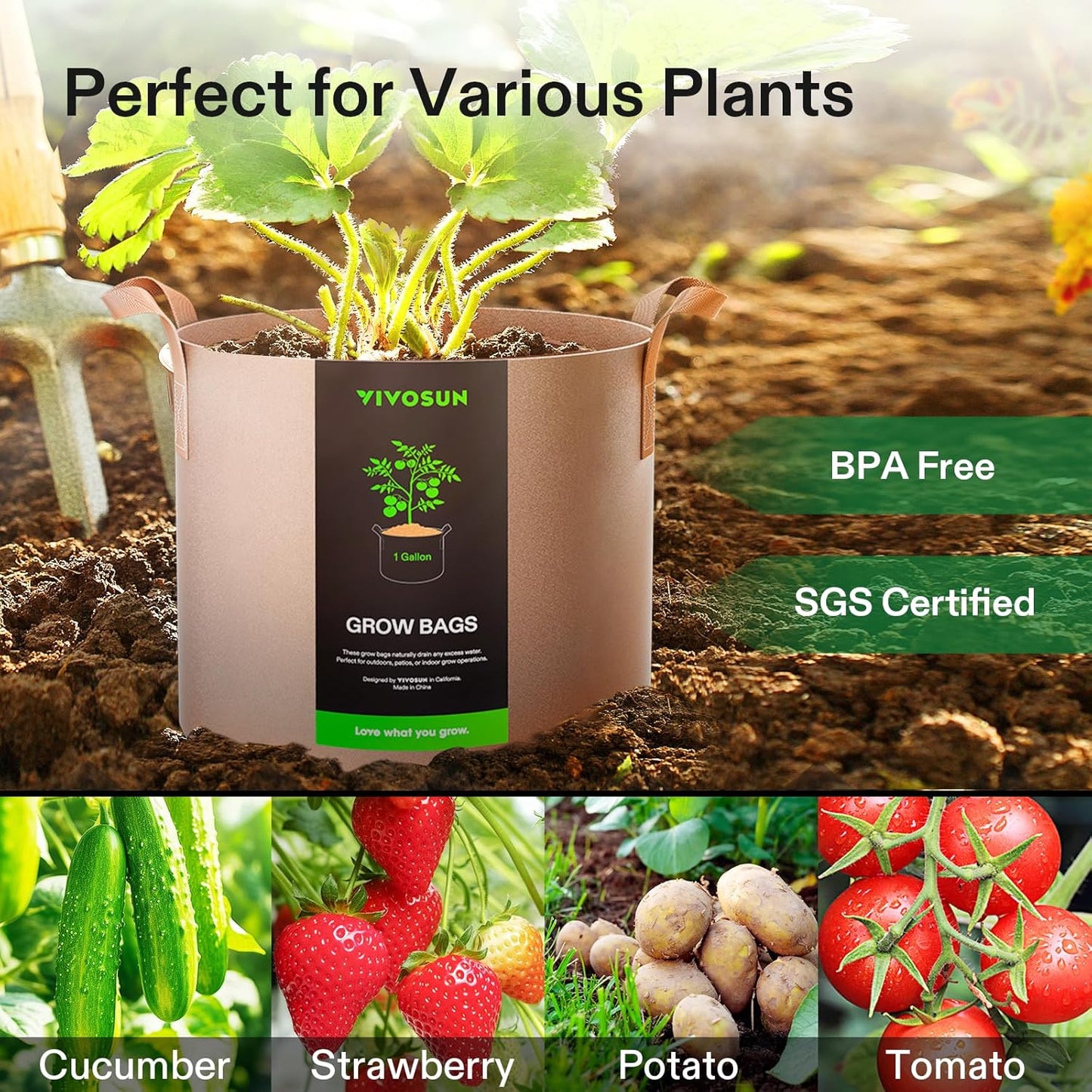 VIVOSUN 5-Pack Heavy Duty 1 Gallon Grow Bags | Thickened Nonwoven Fabric Pots with Strap Handles - Tan
