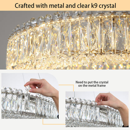 24'' Modern Crystal Chandeliers Large Ring Chandelier for Living Room LED Dimmable Ceiling Light for Dining Room High Ceiling Chandeliers for Foyer Entryway Silver