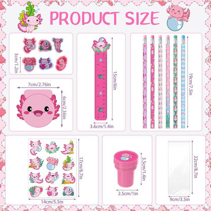 Cholemy 168 Pcs Axolotl Party Favors Axolotl Themed Pencils Notepads Stampers Rulers Erasers Stickers Bags Salamander Stationary School Supplies Kit for Valentines Day Gift Goodie Bag Piñata Filler