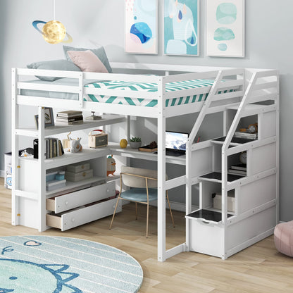 Brisca Full Size Loft Bed with Desk and Shelves,Multifunctionl Bedroom Bed Frame w/Two Built-in Drawers & Storage Staircase,Solid Wood Slats Support,for Kid Adult Boy Girl Teens,White