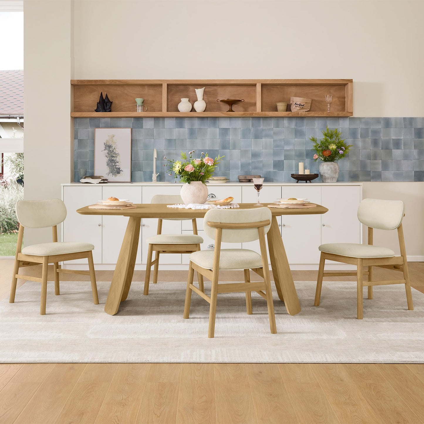 CHITA 71" Modern Dining Table for 6, Rectangle Wood Kitchen & Dining Room Table, Solid Rubberwood Frame, Bentwood Legs, Oak Venner