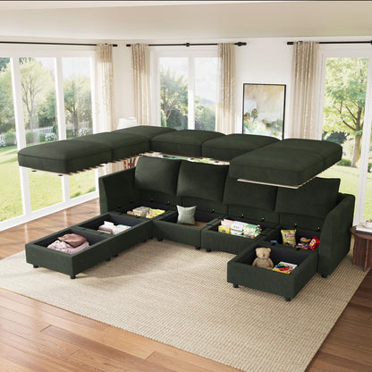 HONBAY Modular Sofa U Shaped Sectional Couch with Storage, Convertible Modular Sofa 7 Seats Sectional for Living Room - Green