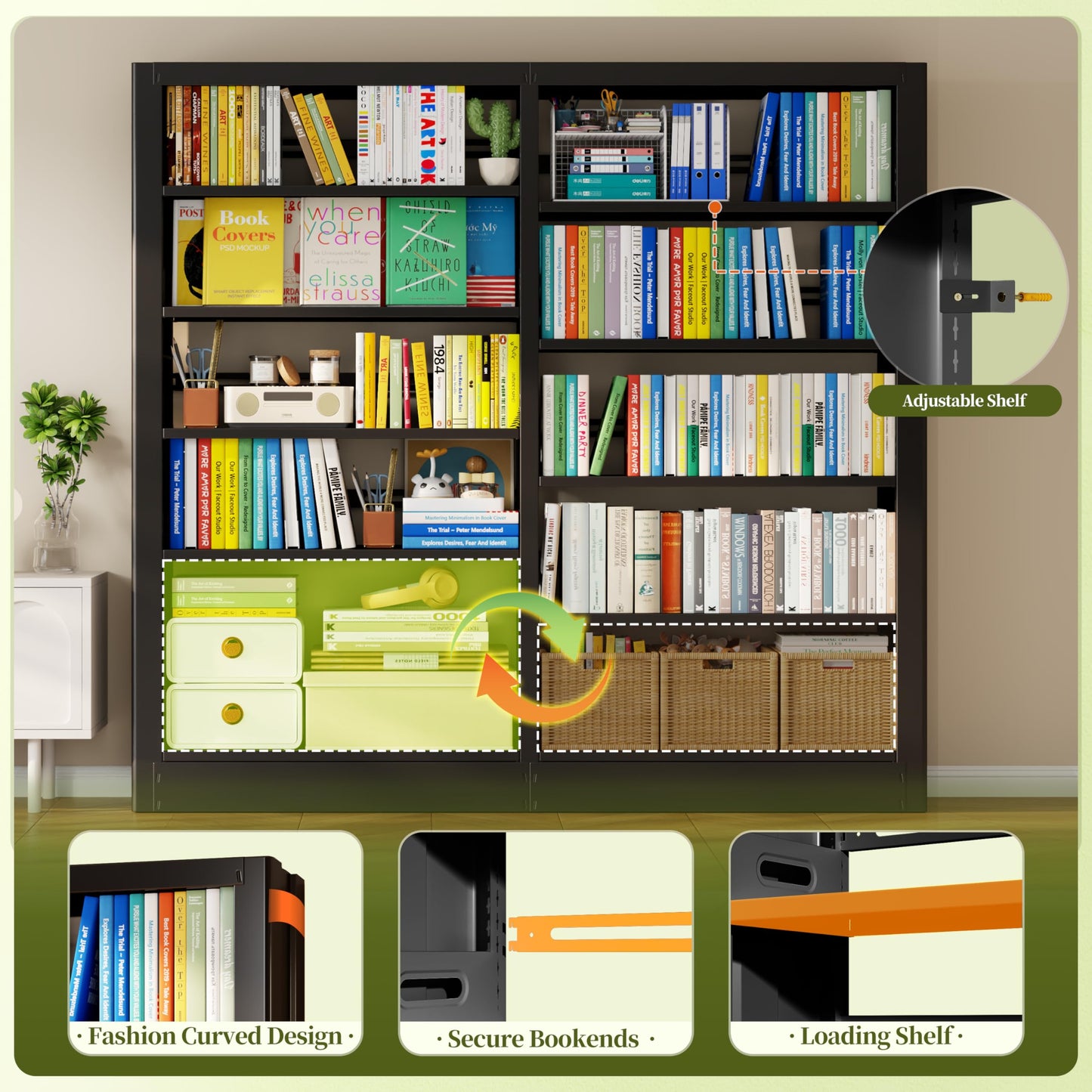 OpolQif Bookshelf, 71" H Tall Black Bookcase, 5-Tier Bookcase Metal Sturdy Bookshelf with Adjustable Shelves,Heavy Duty Book Cases for Living Room, Library, School, Study, Home Office(Black, 73" W)