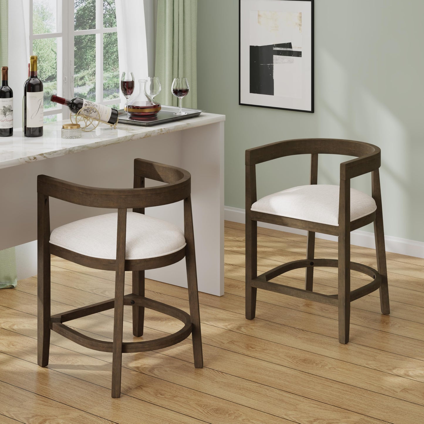 Christopher Knight Home Ebany 25.25" Barstools Set of 2, Rubberwood Counter Stool, Upholstered Seat Bar Chair, Curved Back Barstool, Open Design Stool for Kitchen Dining Island Table, Beige + Walnut