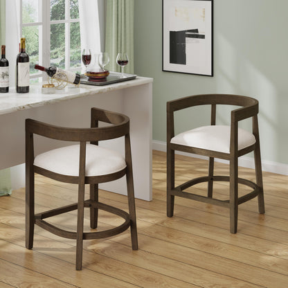 Christopher Knight Home Ebany 25.25" Barstools Set of 2, Rubberwood Counter Stool, Upholstered Seat Bar Chair, Curved Back Barstool, Open Design Stool for Kitchen Dining Island Table, Beige + Walnut