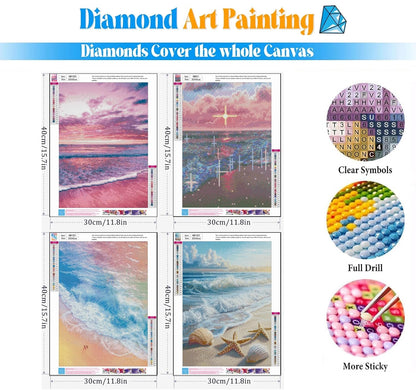4 Pack Beach Sunset 5D diamond painting for adults Kits, Full Drill Coastal 5D diamond art kits for adults, Scenic Ocean gem art kits for adults, art dot painting Set Home Wall Decor 11.8x15.7 Inch