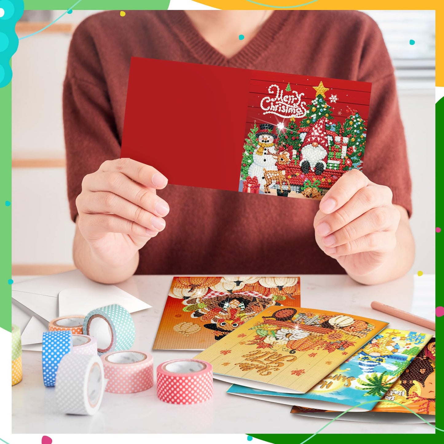 Saillong 12 Pack Holiday Diamond Painting Greeting Card Kit Seasonal Diamond Art Cards with Envelopes Summer Patriotic 5D Rhinestones Painting Making Kit for Adult DIY Craft Family Friend Holiday Gift