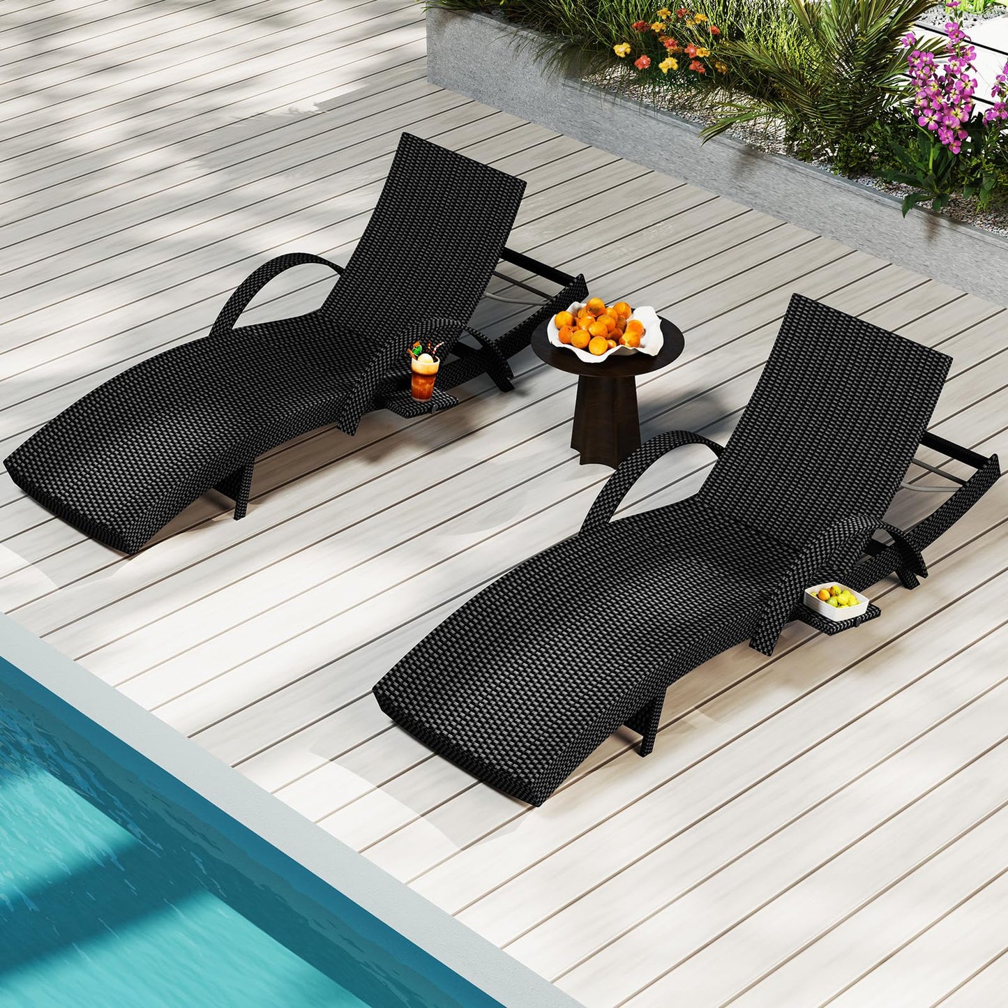 Rovibek 80'' Outdoor Wicker Chaise Lounge Chairs Set of 2, Pool Lounge Chairs with Pull-Out Side Table, Pool Lounge Chairs with Adjustable Recliners, All-Weather Design for Poolside Sunbathing, Black