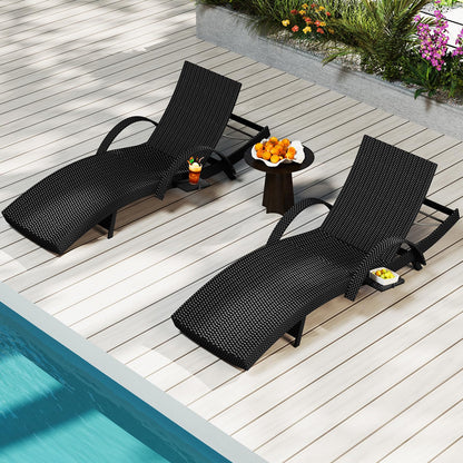 Rovibek 80'' Outdoor Wicker Chaise Lounge Chairs Set of 2, Pool Lounge Chairs with Pull-Out Side Table, Pool Lounge Chairs with Adjustable Recliners, All-Weather Design for Poolside Sunbathing, Black