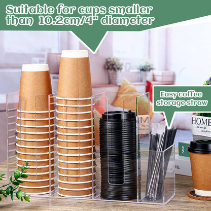 Cunhill 4 Compartments Acrylic Coffee Cup and Lid Storage Organizer Holder Disposable Paper Cup Dispenser Organizer Plastic Lid Holder Accessories for Kitchen Bar Shop Party Supplies(Transparent)