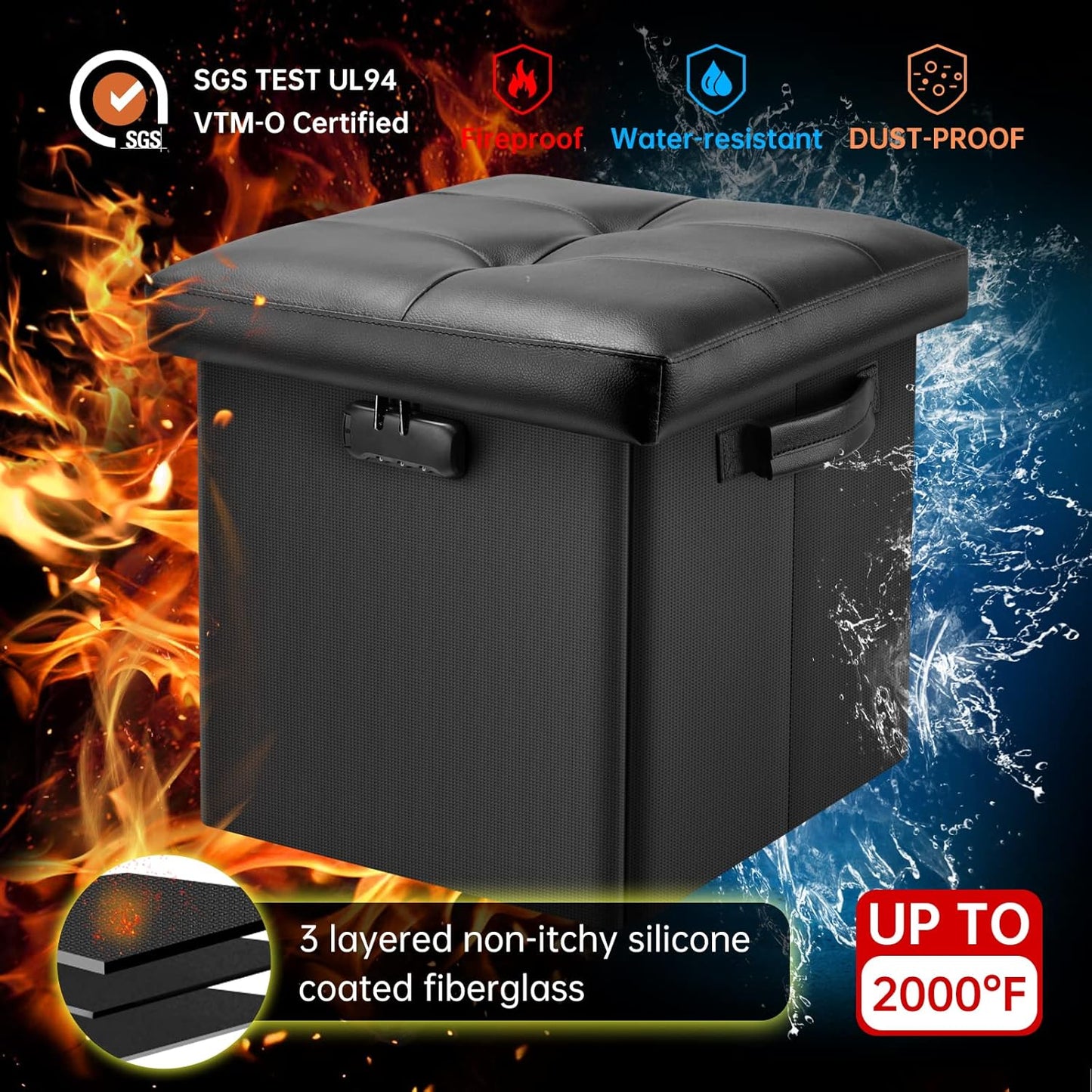 13 Inches DocSafe Storage Ottoman with Lock,Fireproof Folding Ottoman Foot Rest Stool Storage Chest with Storage Safe