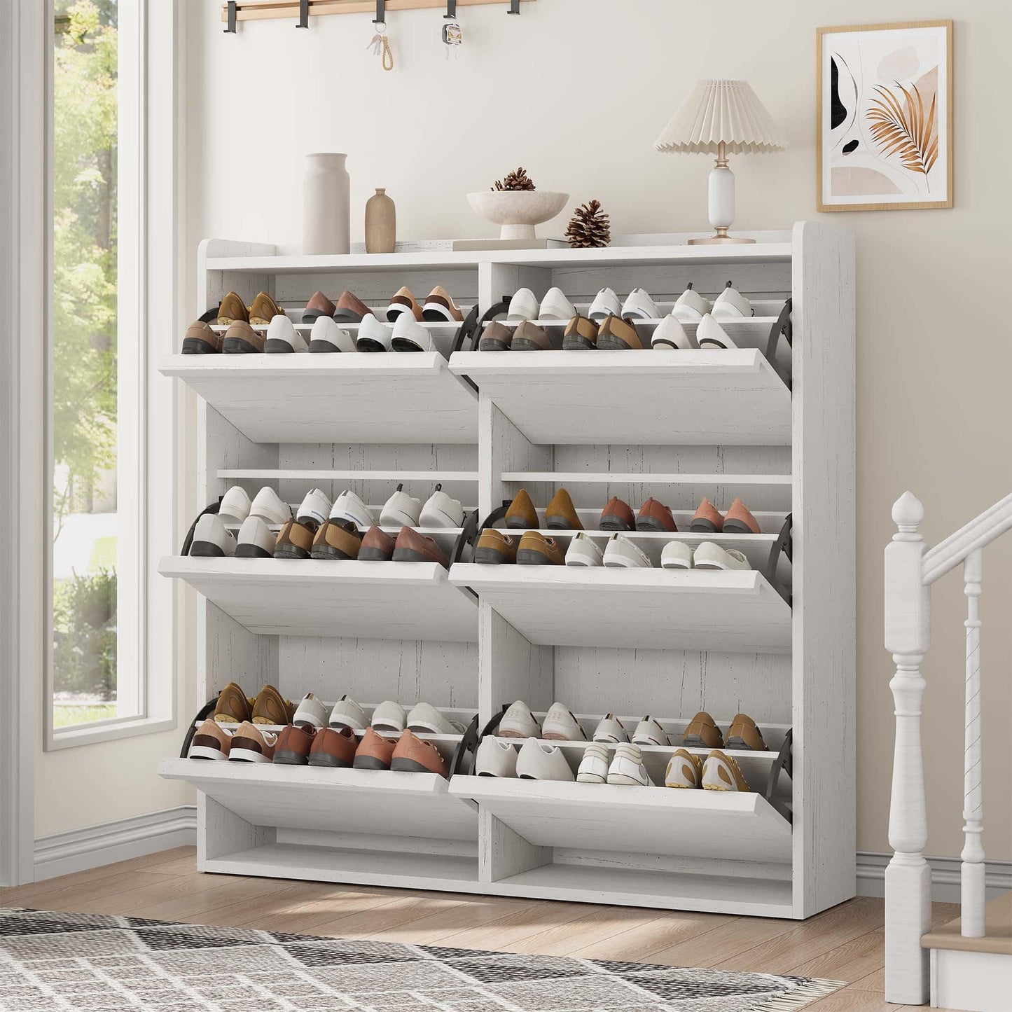 CABIHOME Shoe Cabinet with 6 Flip Drawers, Narrow Cabinet with Adjustable and Removable Shelves, Modern Wooden Shoe Organizer with Hidden Handle for Entryway, Hallway, Living Room, Antique White