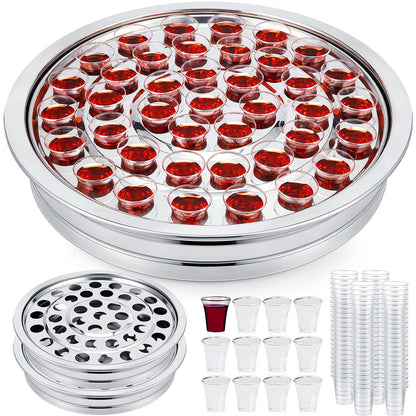 Zhehao 2 Pcs Communion Trays with Disposable Chalices for Church Supplies, Each 40 Holes Communion Supplies Set Stackable Worship Trays for Church Services Weddings & Gatherings (Silver)